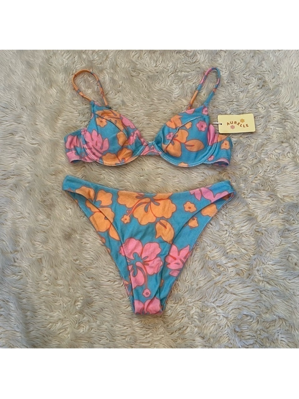 NWT Aurelle Floral tropical Underwire Bikini Set in Orange Pink and Blue - Picture 3 of 5